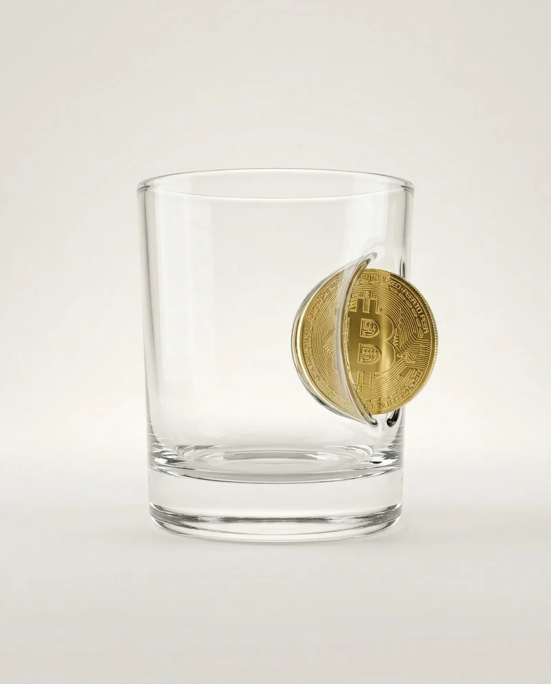 Bitcoin Glas mit goldener Münze – Handgemachtes Krypto-Geschenk