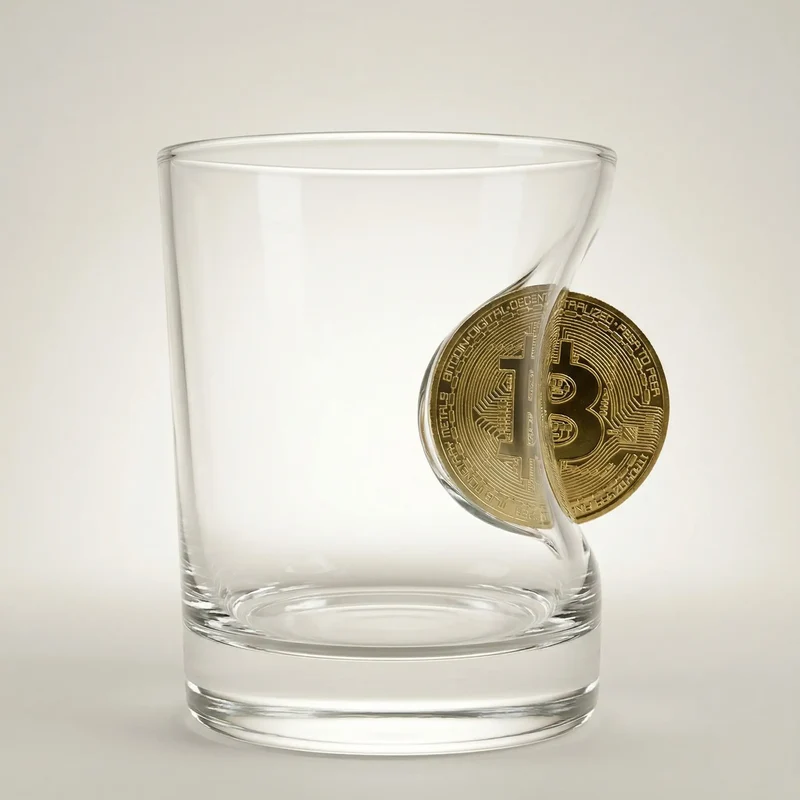 Bitcoin Glas mit goldener Münze – Handgemachtes Krypto-Geschenk