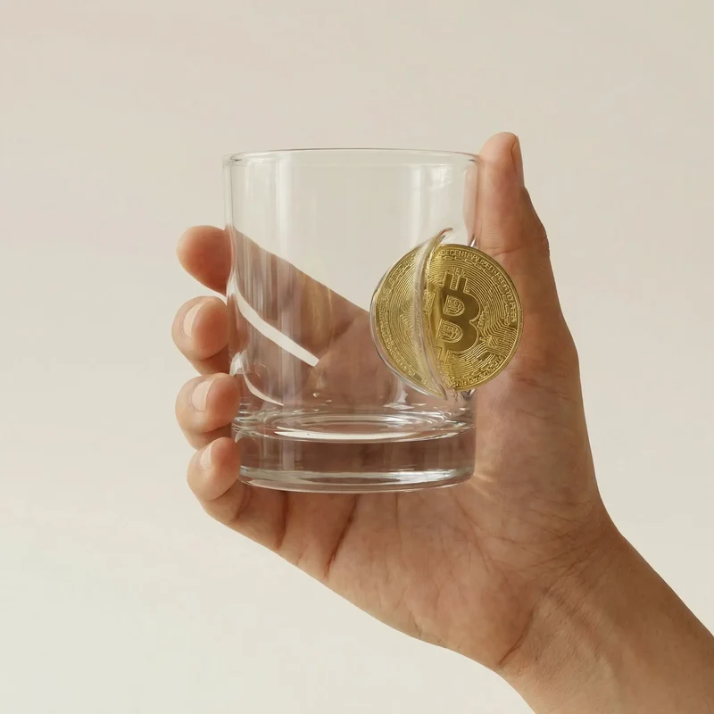 Bitcoin Glas mit goldener Münze – Handgemachtes Krypto-Geschenk