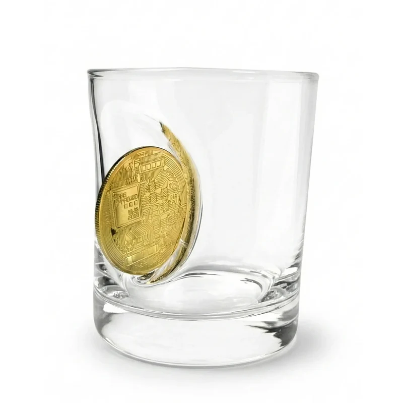 Bitcoin Glas mit goldener Münze – Handgemachtes Krypto-Geschenk
