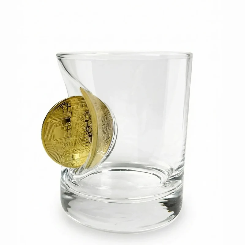 Bitcoin Glas mit goldener Münze – Handgemachtes Krypto-Geschenk