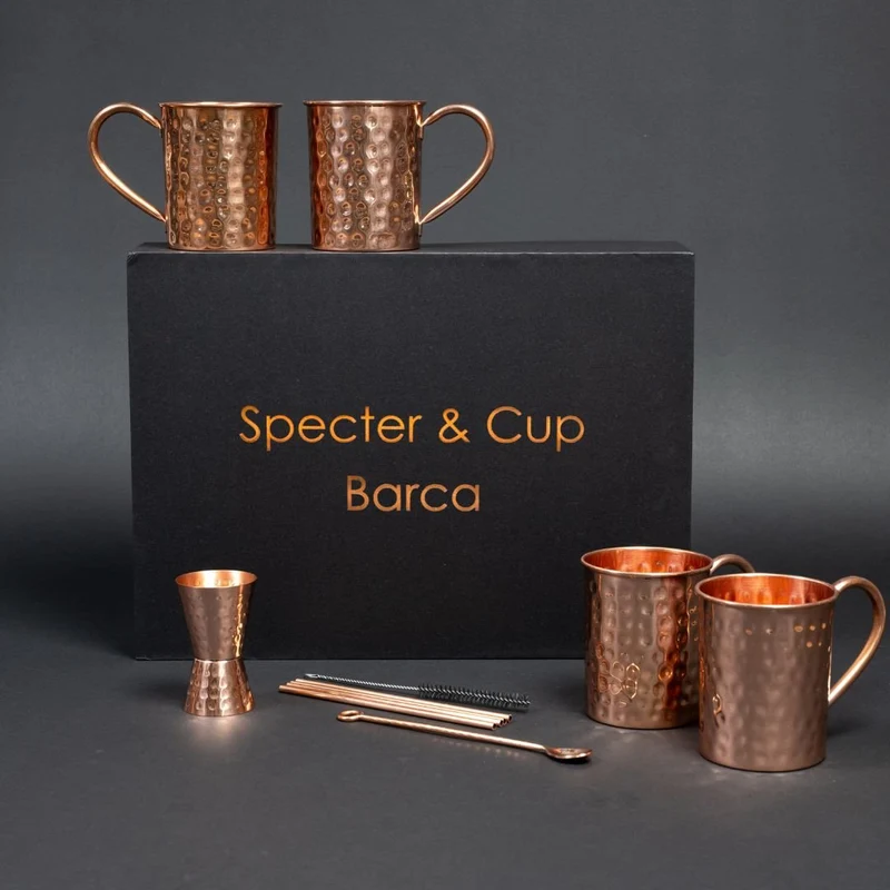 Kupferbecher-Set Barca – 4x Cocktailbecher (gehämmert, 400 ml) + 6-teiliges Zubehör-Set