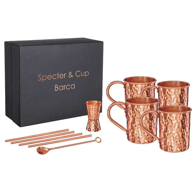 Kupferbecher-Set Barca – 4x Cocktailbecher (gehämmert, 400 ml) + 6-teiliges Zubehör-Set