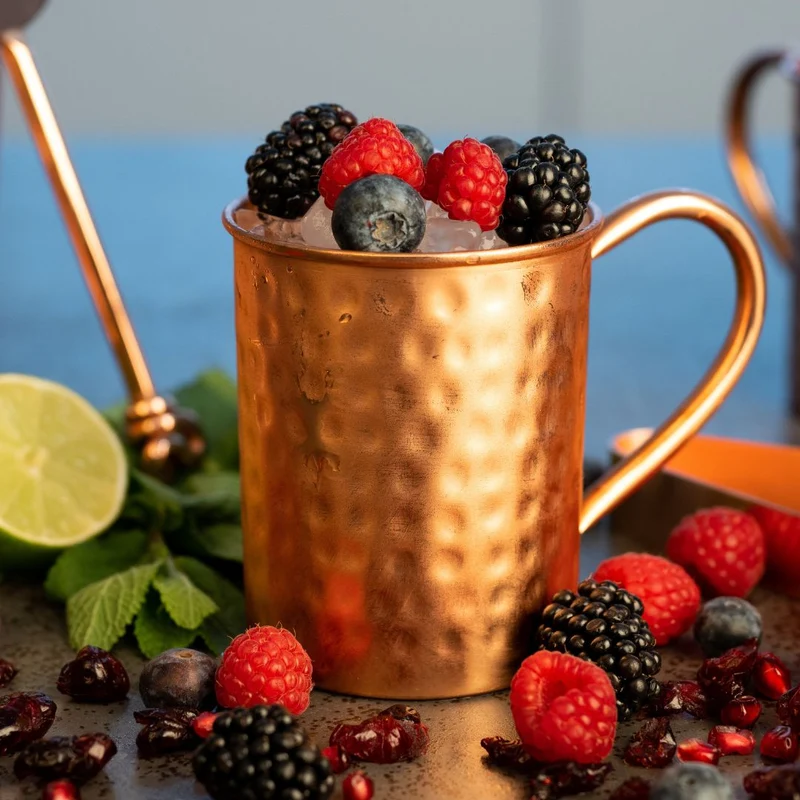 Kupferbecher-Set Barca – 4x Cocktailbecher (gehämmert, 400 ml) + 6-teiliges Zubehör-Set