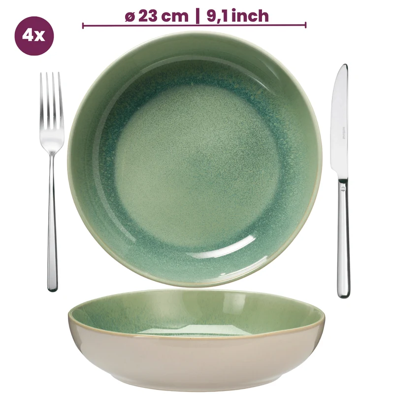Cookinglife Tiefe Teller / Pastateller, Serene Green, Ø 23 cm – Steingut – 4 Stück