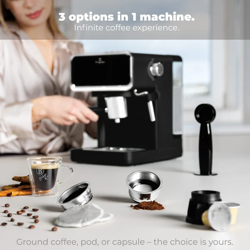 BerlingerHaus Espressomaschine / Siebträgermaschine Digital Matt Schwarz - 3-in-1 - 20 Bar - 1,0 Liter