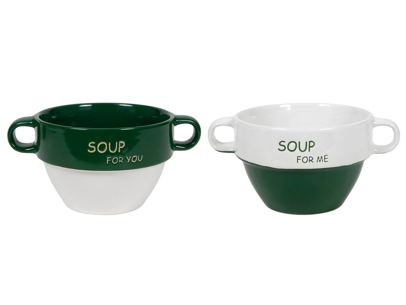 Soepkom groen wit, "soup for you" 12.5*8.5cm Set van 2 stuks