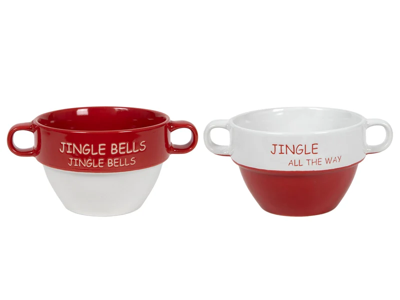 Soepkom rood wit, 'jingle bells" 12.5*8.5cm Set van 2 stuks