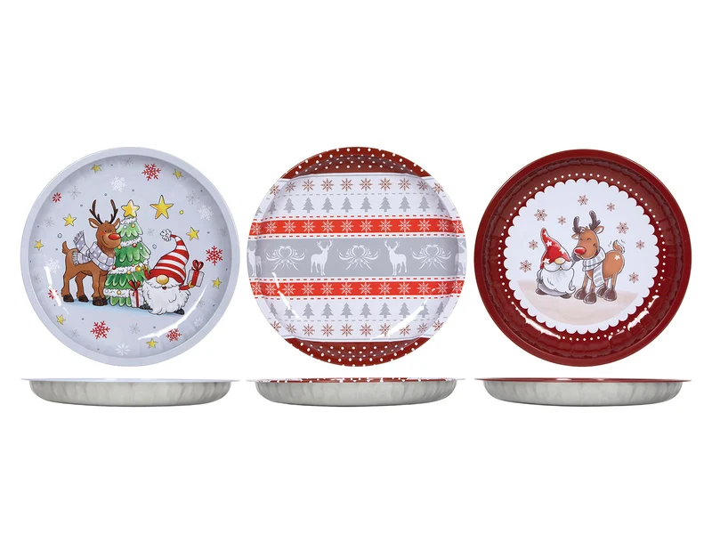 Metalen bord kerstdecoren Ø26cm 3 assortie