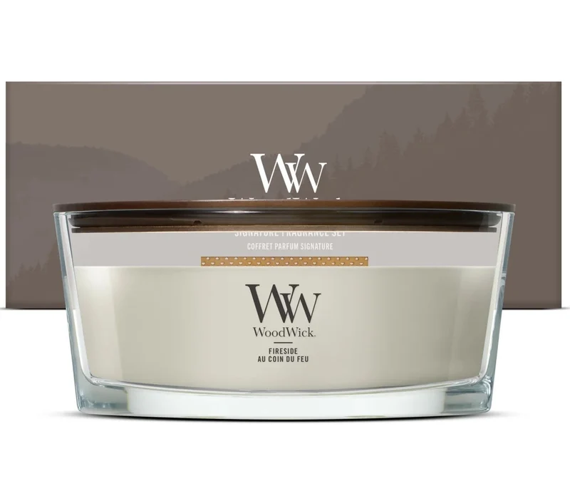 WoodWick Geschenkset Duftkerze Ellipse Fireside - Duftkerze im Glas - Holzdocht
