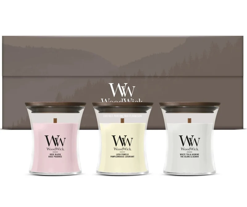 WoodWick Geschenkset Duftkerzen Mini Blooming Trio - 3 Stück - Duftkerze im Glas - Holzdocht
