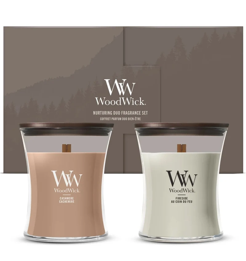 WoodWick Geschenkset Duftkerzen Medium Fireside & Cashmere - 2 Stück - Duftkerze im Glas - Holzdocht