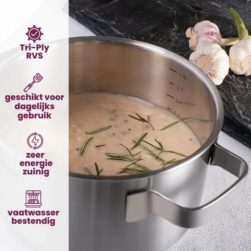 Sola Topfset Ruby 4-Teilig Premium Triply Edelstahl - Kochtopf ø 16, 18, 20 cm & Stielkasserolle ø 16 cm - Induktionsgeeignet