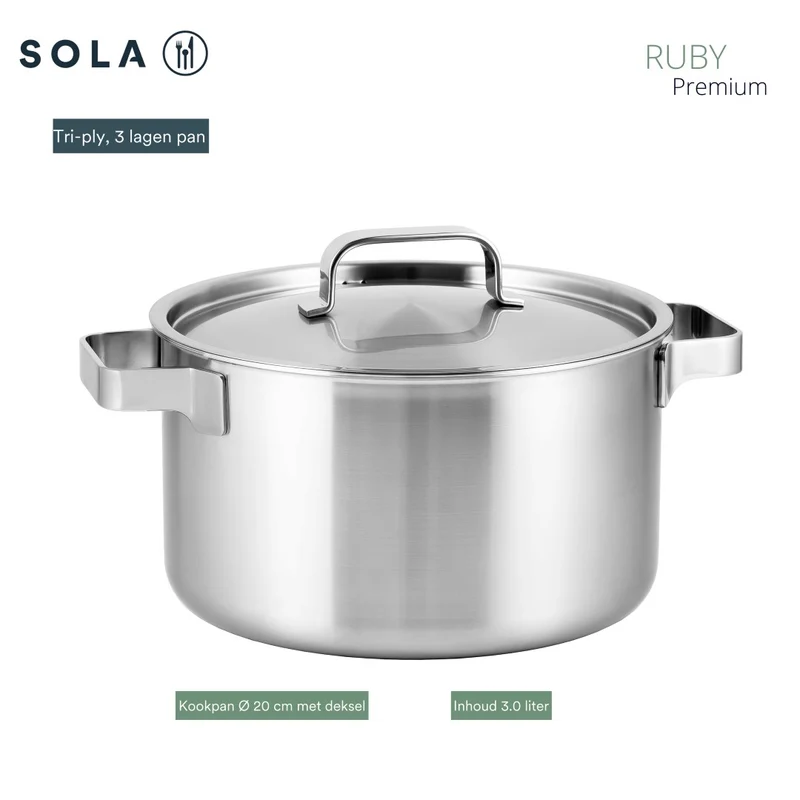 Sola Topfset Ruby 4-Teilig Premium Triply Edelstahl - Kochtopf ø 16, 18, 20 cm & Stielkasserolle ø 16 cm - Induktionsgeeignet
