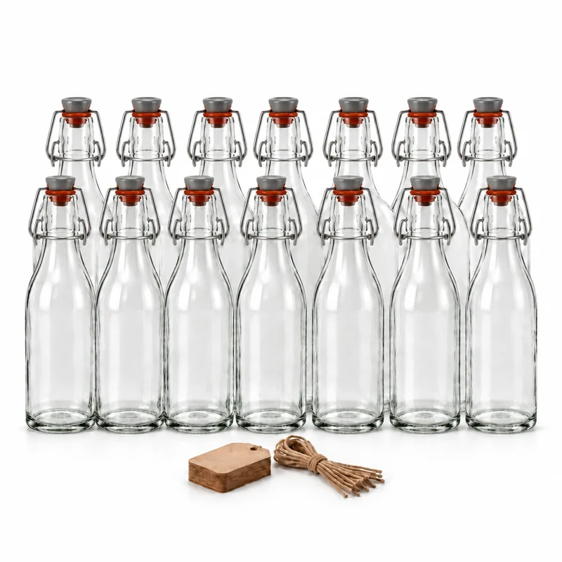 14er-Set Taschenflasche rund 200 ml inkl. Bügelverschlüssen und Etiketten