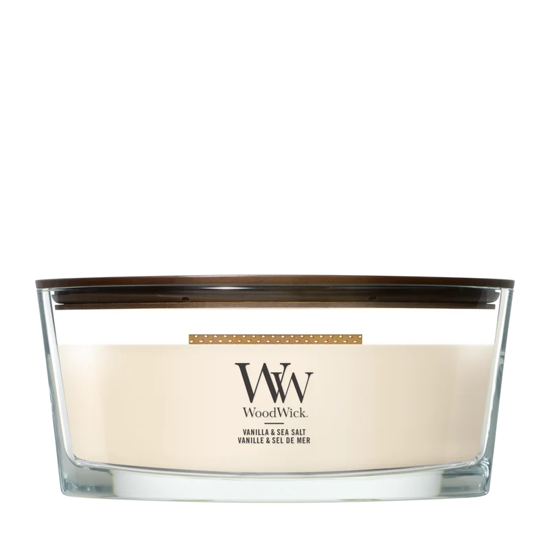 WoodWick Duftkerze Ellipse Vanilla & Sea Salt - 9 cm / 19 cm - Duftkerze im Glas - Holzdocht