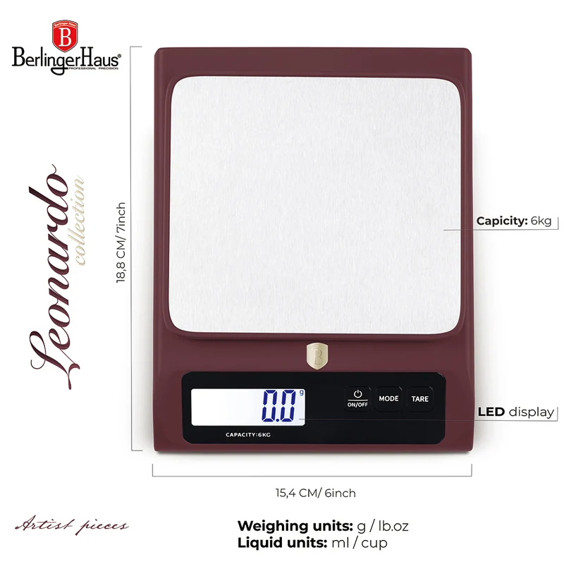 BerlingerHaus Küchenwaage Digital Bordeaux - Maximal 6 kg