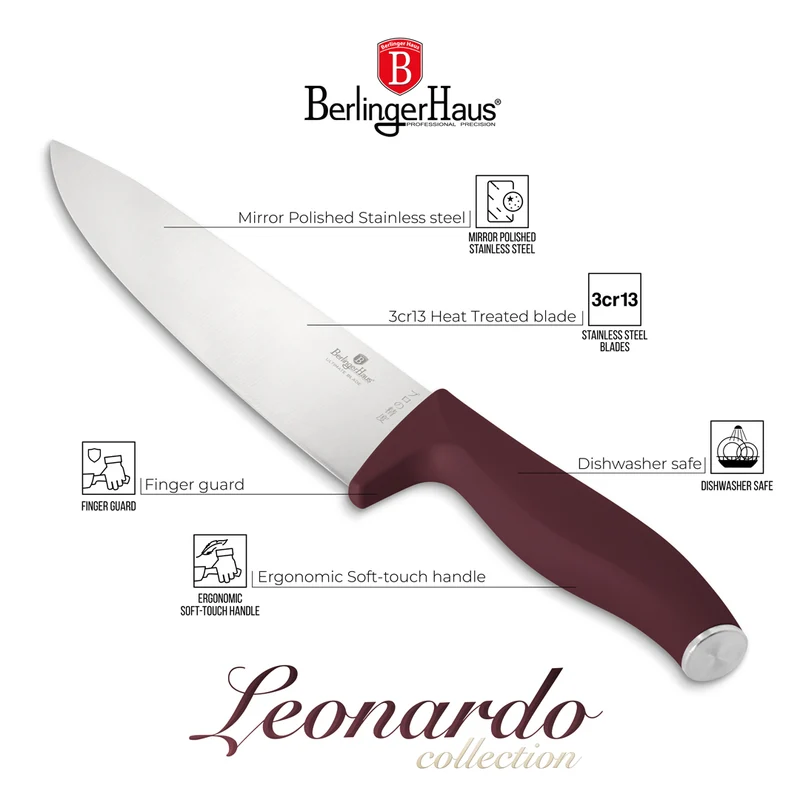 BerlingerHaus Messerblock Matt Bordeaux 10-teilig - Kochmesser, Brotmesser, Santokumesser, Officemesser, Schälmesser & 4 Steakmesser