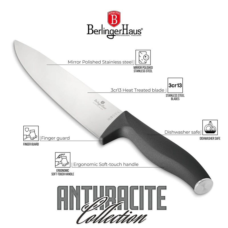 BerlingerHaus Messerblock Matt Anthrazit 6-teilig - Kochmesser, Brotmesser, Santokumesser, Officemesser & Schälmesser