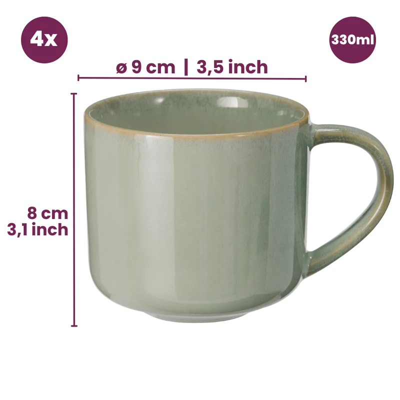 Cookinglife Kaffeetassen Serene Green 330 ml – Steingut – 4er-Set