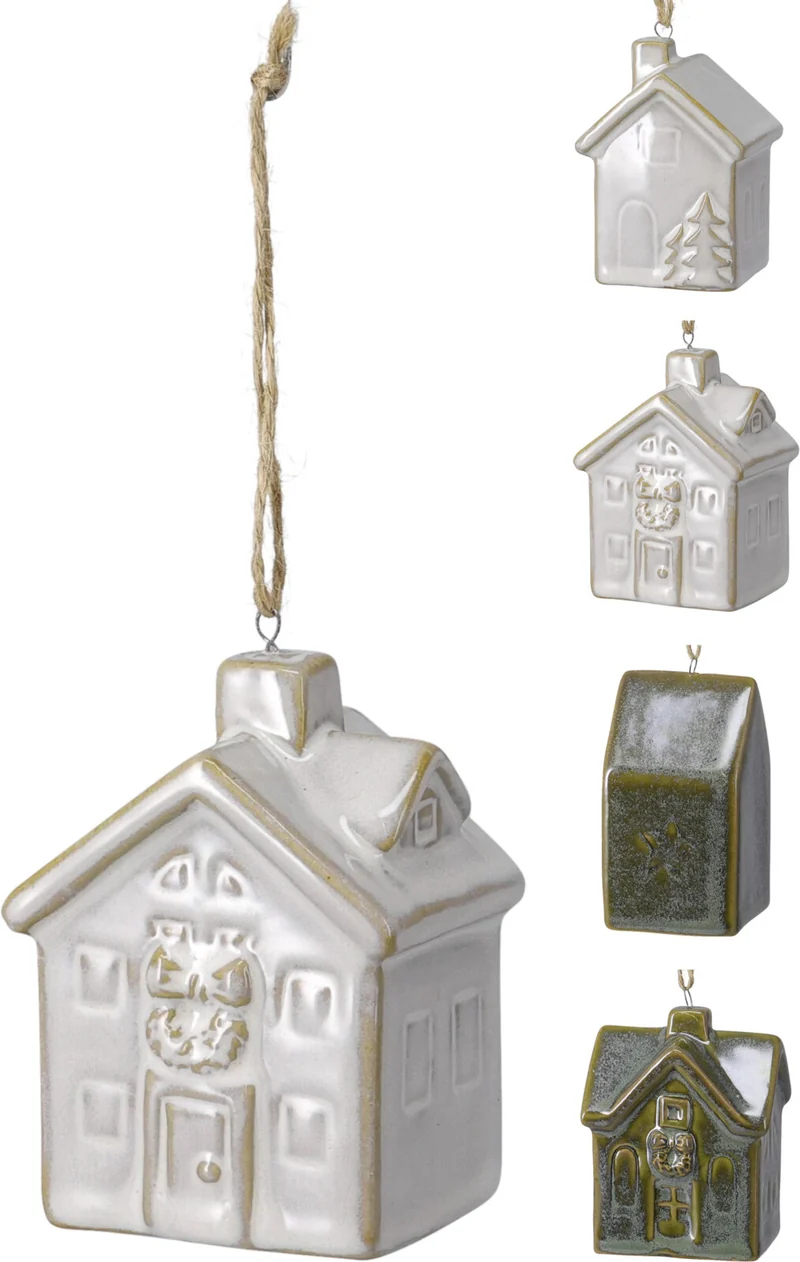 KERSTHUIS HANGDECO PORSELEIN 6X5X8CM 4 ASSORTIE