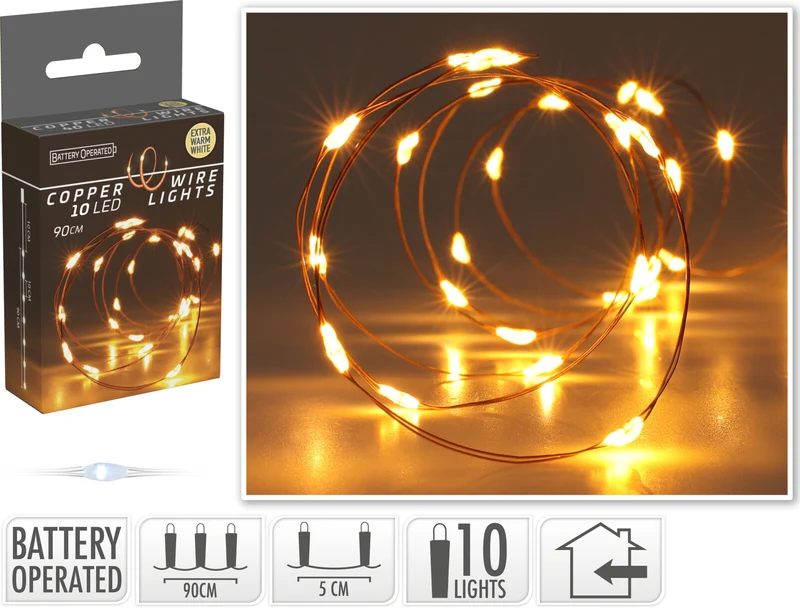 LED INDOOR KOPERDRAAD 10L/90CM LED EXTRA WARM WIT - INCL 2x KNOOPCELBATTERIJ