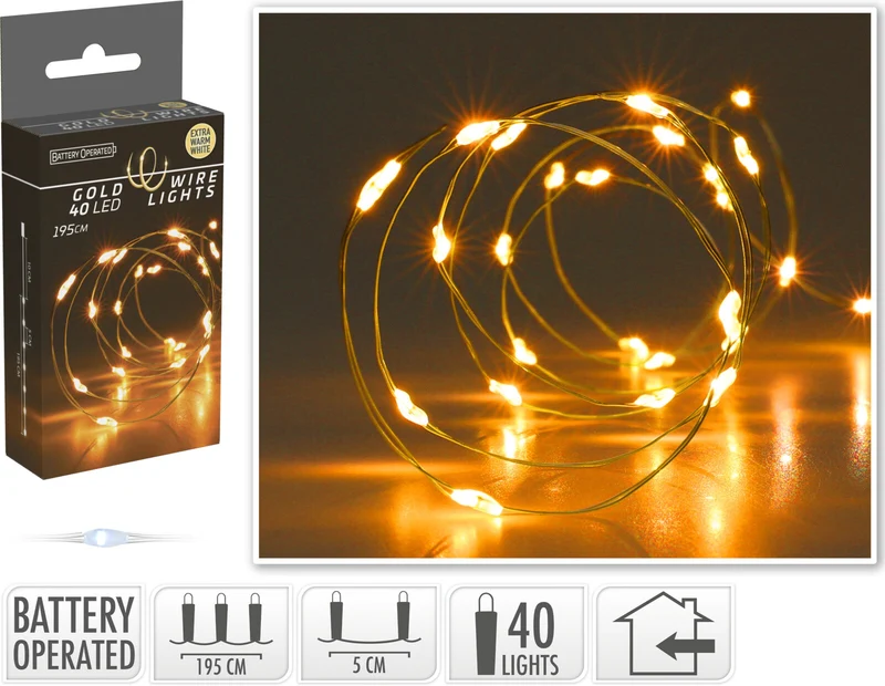 LED INDOOR GOUDDRAAD 40L/195CM LED EXTRA WARM WIT - WERKT OP 3XAA