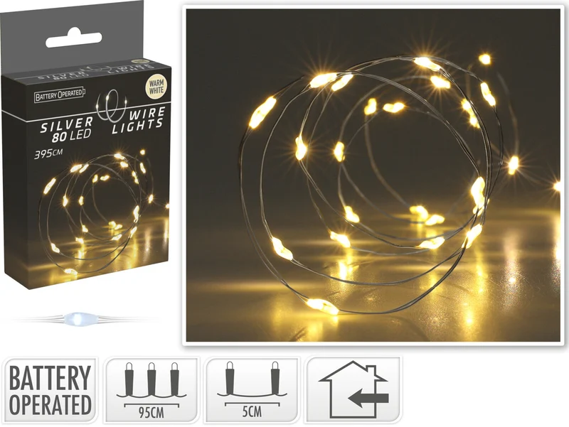 LED INDOOR ZILVERDRAAD 80L/395CM LED WARM WIT - WERKT OP 3XAA