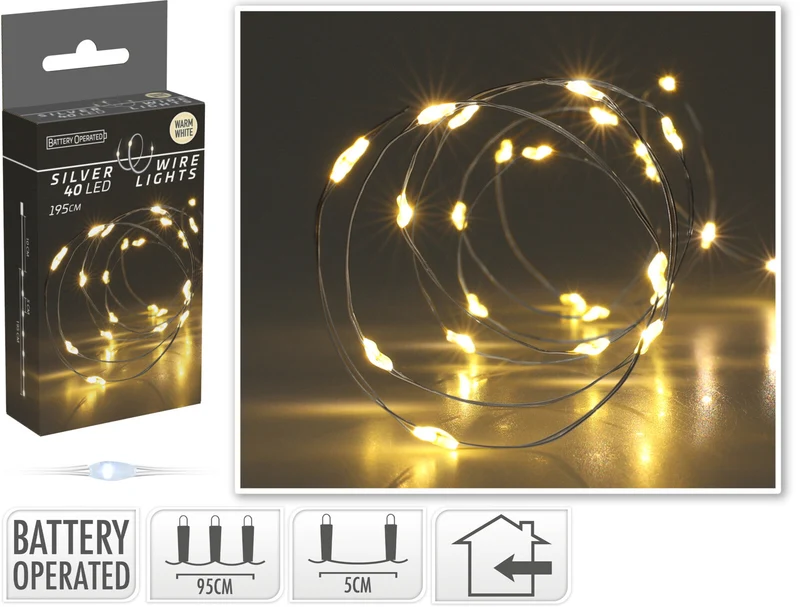LED INDOOR ZILVERDRAAD 40L/195CM LED WARM WIT - WERKT OP 3XAA
