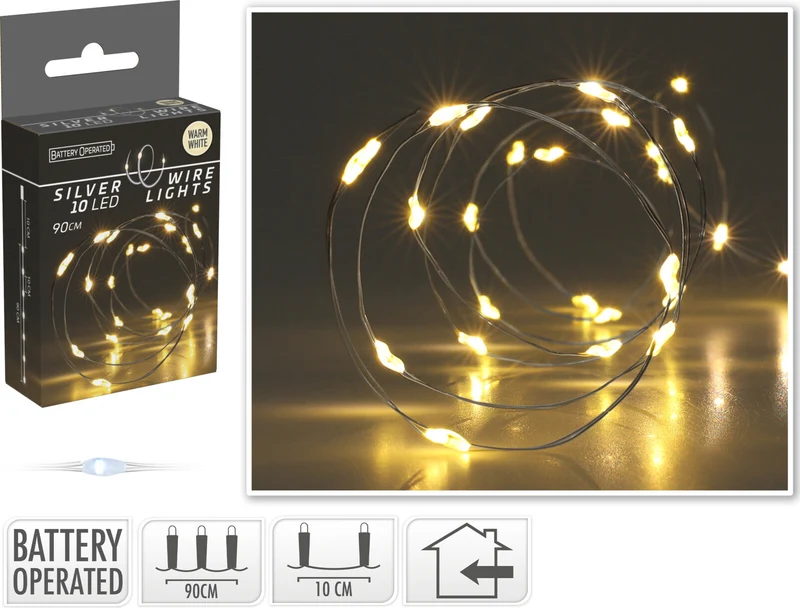 LED INDOOR ZILVERDRAAD 10L/90CM LED WARM WIT - INCL 2x KNOOPCELBATTERIJ