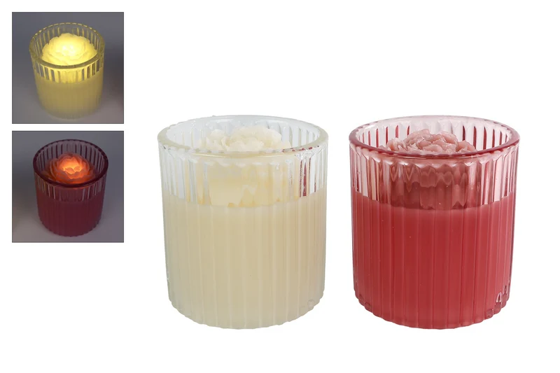 Theelichthouder LED "Rosie" creme/roze 2 assortie glas/wax 8,5x8,5x10cm