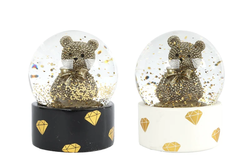 Sneeuwbol "Teddybeer" S glinster goud/zwart 2 assortie polystone 7x7x9,5cm