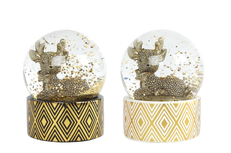 Sneeuwbol "Hert" S glinster goud/zwart 2 assortie polystone 7x7x9,5cm