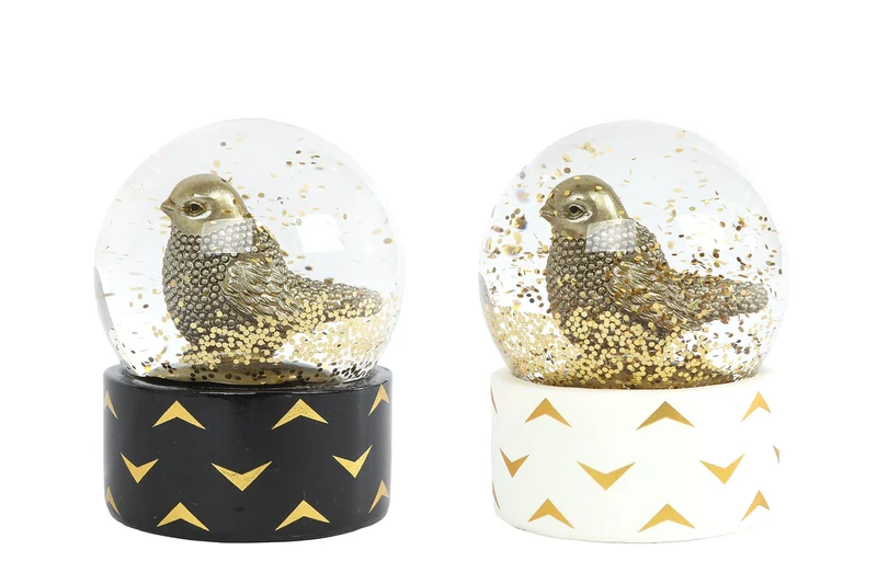 Sneeuwbol "Vogel" S glinster goud/zwart 2 assortie polystone 7x7x9,5cm