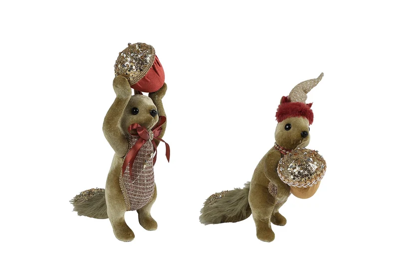 Decoratie "Eekhoorn" beige/bruin glitter 2 assortie textiel 20x15x32cm