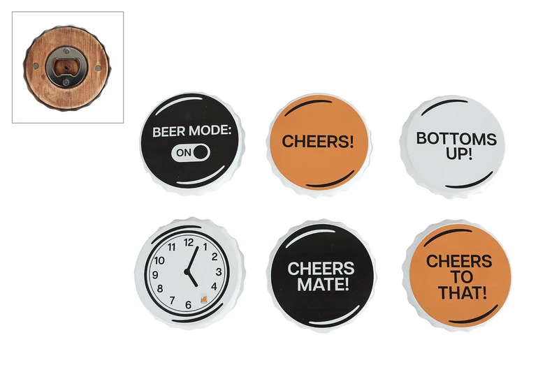 Bieropener "Cheers/Beer" bruin/zwart/wit 6 assortie metaal/hout 9x9x1cm