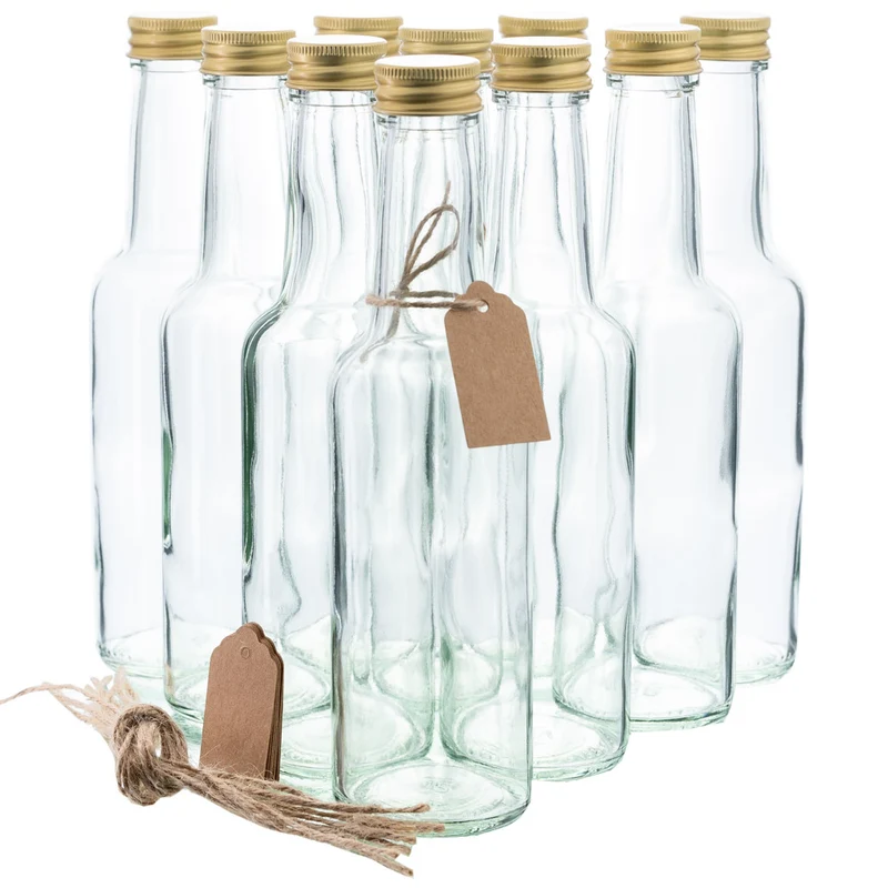 10er-Set Gradhalsflasche 250 ml inkl. Handverschraubung in Gold und Etiketten