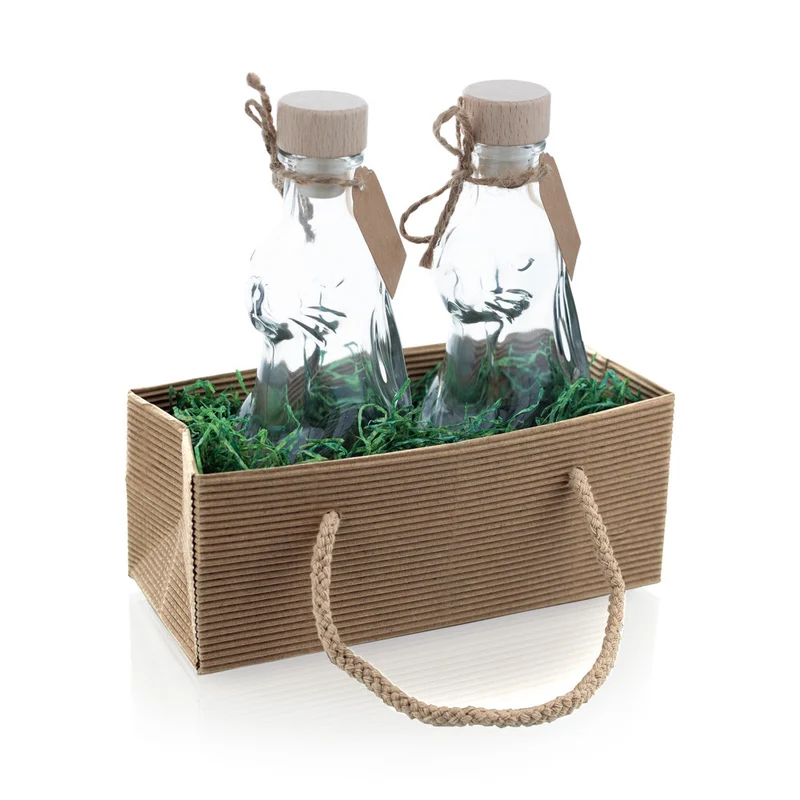 Osterset - Hasenflaschen-Duo (200 ml) mit Holzgriffkorken, Etiketten, grünem Gras und Geschenktasche