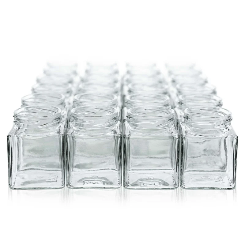 Vierkantglas 106 ml TO 48 im 24er-Set mit Verschlüssen und Dekozubehör