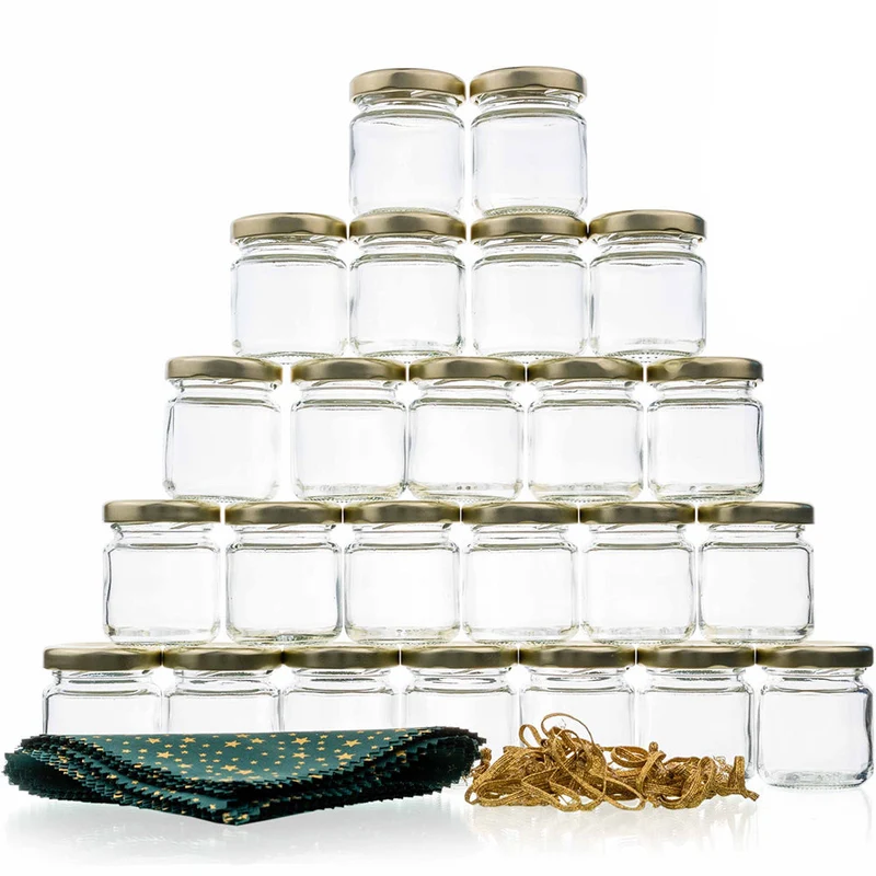 Gläschen-Adventskalender - 24 x Konservenglas 53 ml mit Verschlüssen und Deko-Zubehör