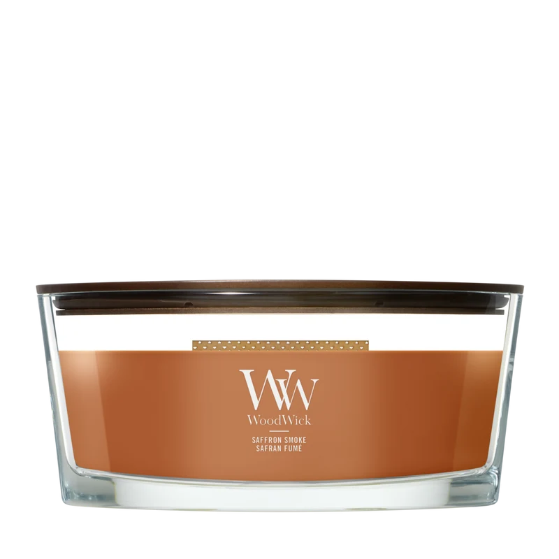 WoodWick Duftkerze Ellipse Saffron Smoke - 9 cm / 19 cm - Duftkerze im Glas - Holzdocht