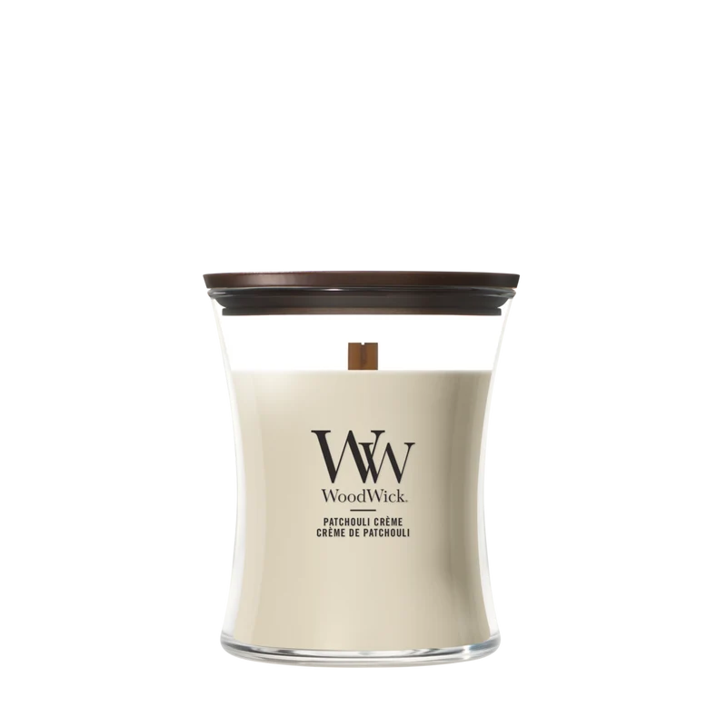 WoodWick Duftkerze Medium Patchouli Crème - 11 cm / ø 10 cm - Duftkerze im Glas - Holzdocht
