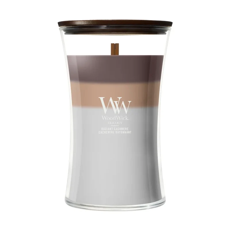 WoodWick Duftkerze Large Trilogy Radiant Cashmere - 18 cm / ø 10 cm - Duftkerze im Glas - Holzdocht