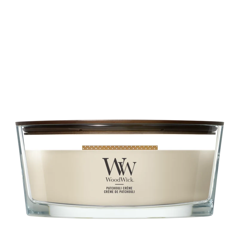 WoodWick Duftkerze Ellipse Patchouli Crème - 9 cm / 19 cm - Duftkerze im Glas - Holzdocht