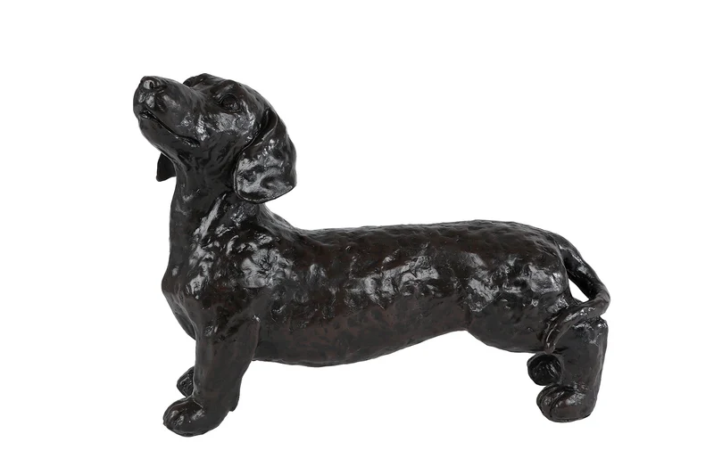Sculptuur "Teckel" d.bruin polystone 29x10,5x22cm