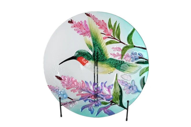 Schale "Kolibri" mit Ständer, grün/rosa Glas, 46x46x7cm