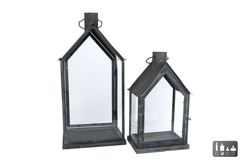 Windlicht "House" antikschwarz, 2er Set, Glas/Metall, 31x22x62/25x18x4 cm