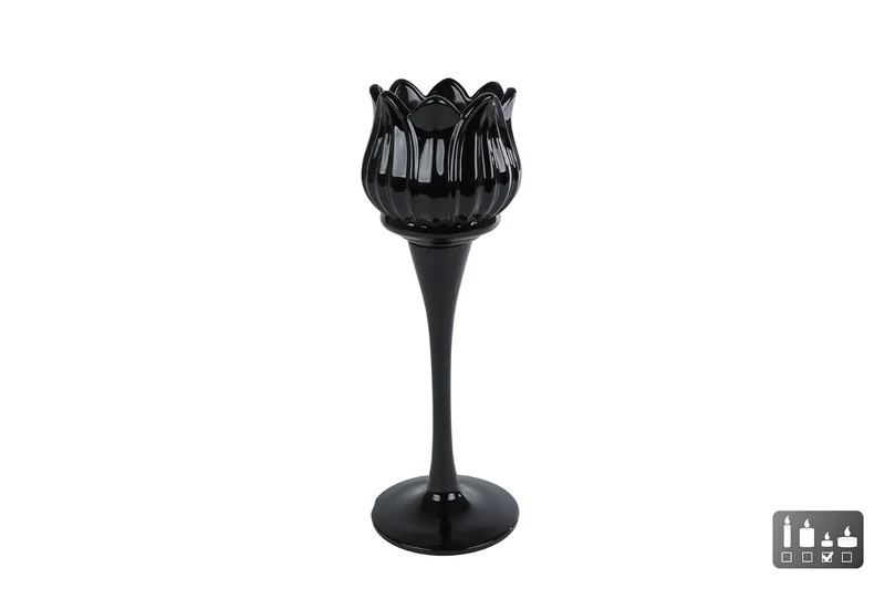 Teelichthalter "Tulpe" aus schwarzem Glas, 7x7x22cm