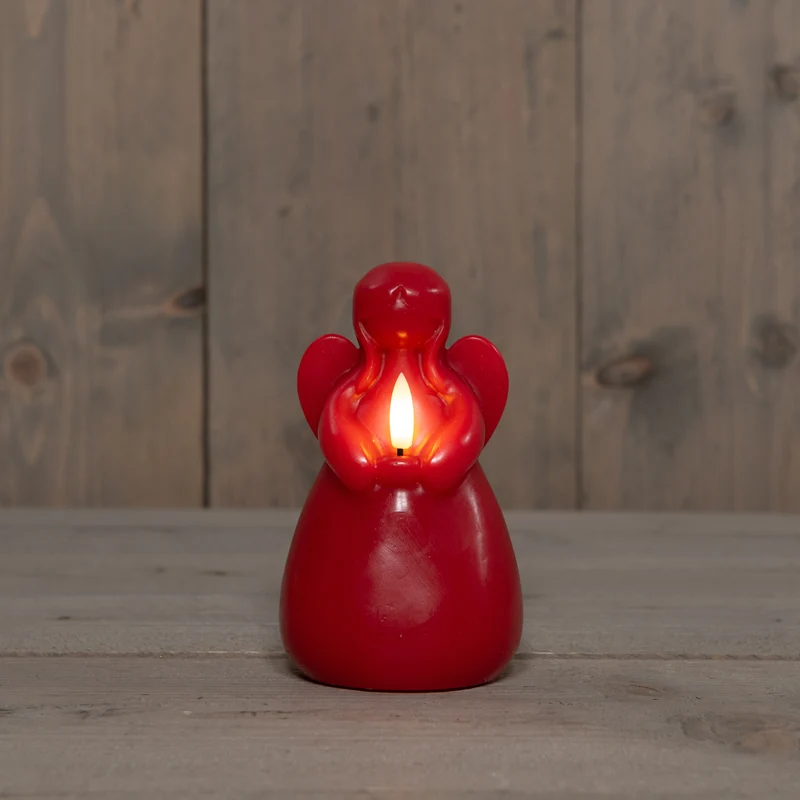 LED-Kerze Engel aus Wachs mit 3D-Flamme, batteriebetrieben, mit Timer, Ø 8,5 cm, H 14,5 cm, rot