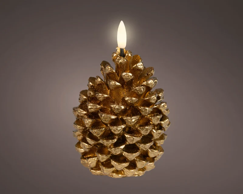 LED kaars wax pinecone fire flame effect binnen goud/warm wit D.9cm x H.13cm